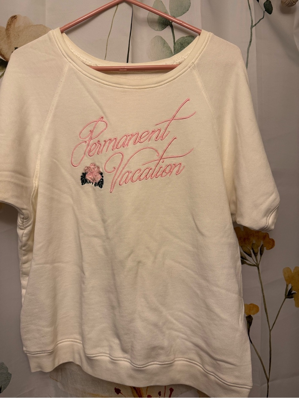 ban.do Cream Short-Sleeve Sweatshirt with Pink Embroidered Script